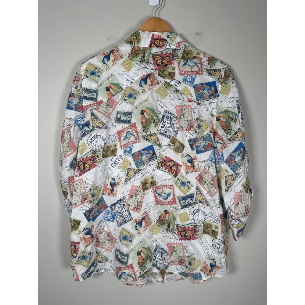 Chicos Women's Linen Postage Stamp 3/4 Sleeve Button-up Top Sz L (2) Travel - Picture 5 of 10